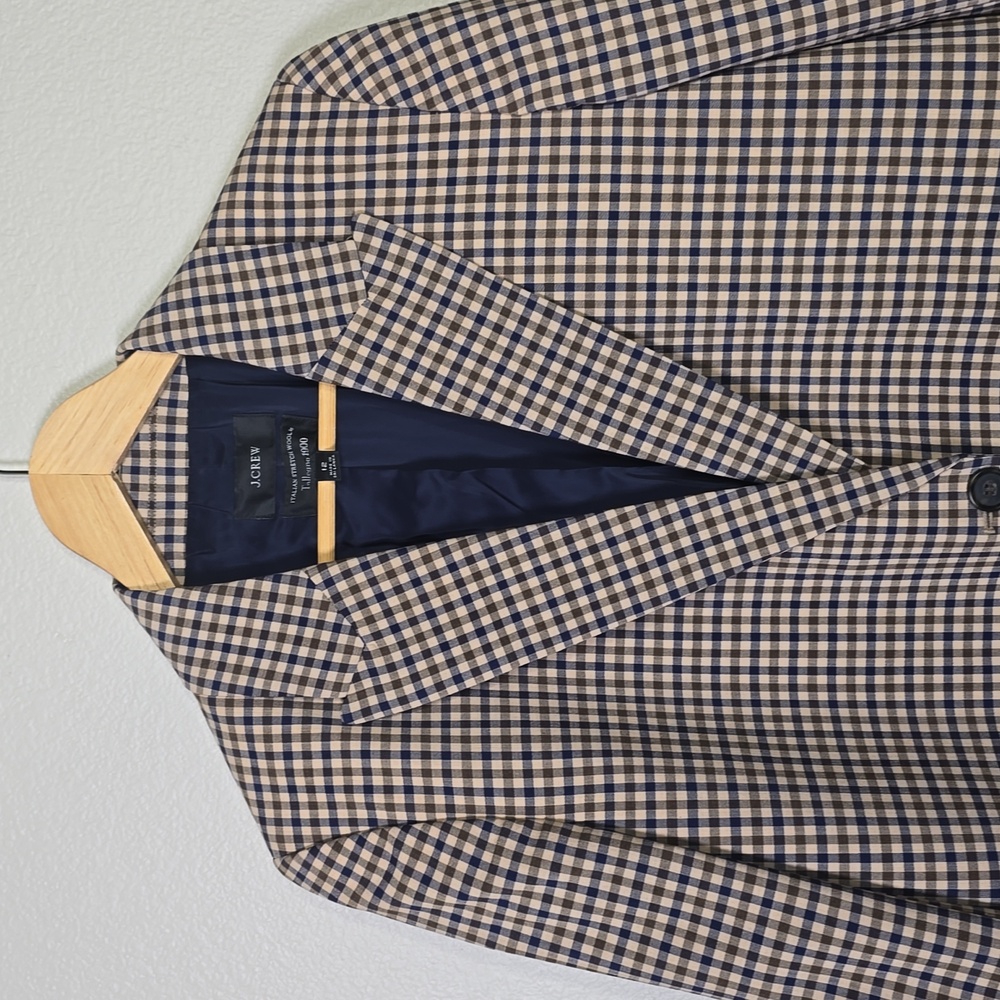 J. Crew Women's Boyfriend Navy & Beige Gingham Blazer Italian Stretch Wool 12. - Picture 2 of 8